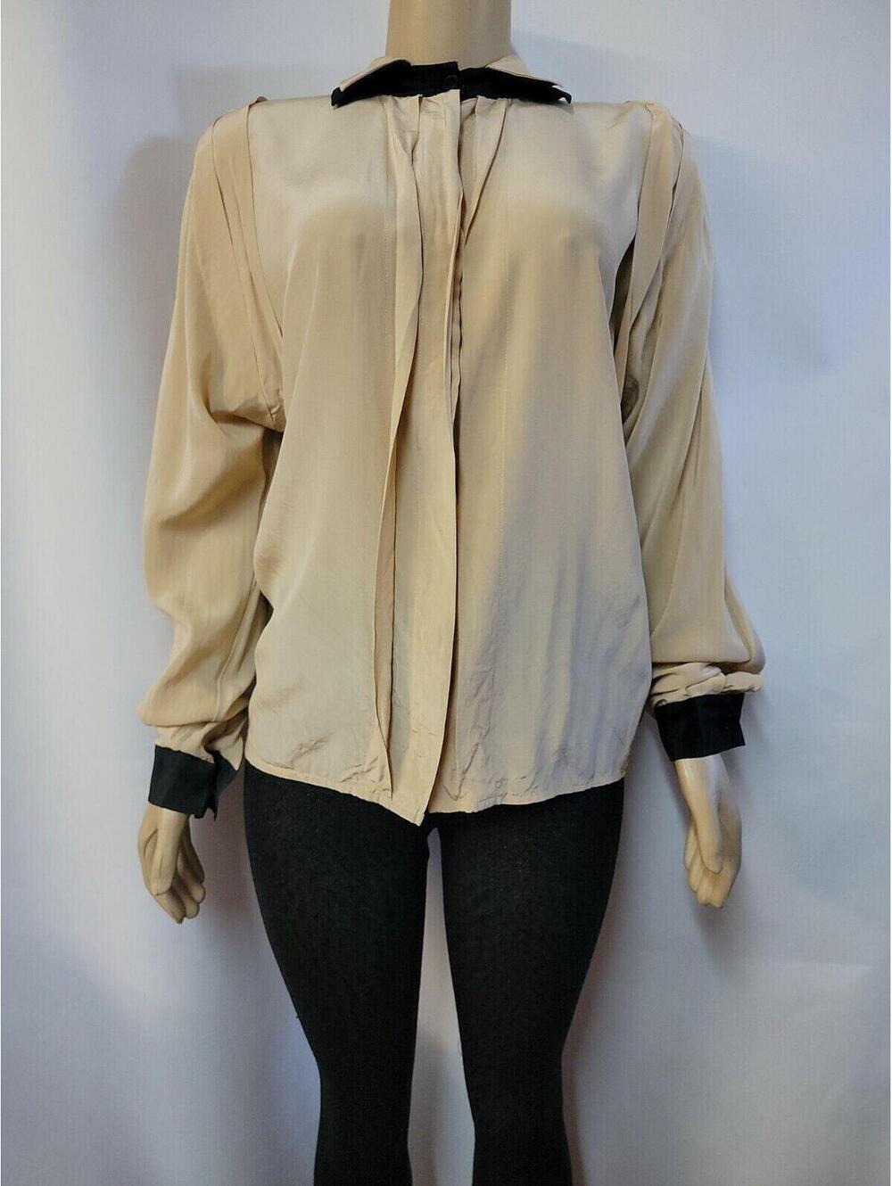DORMAN VINTAGE 80'S SIZE 10 BEIGE BLACK SILK BUTTON UP WOMEN'S TOP BLOUSE #C